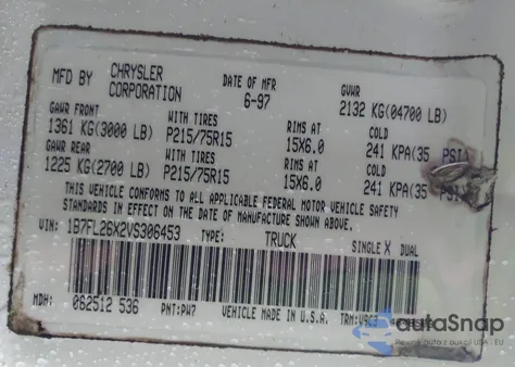 1997 Dodge Dakota Slt/Sport from USA, damaged, VIN 1B7FL26X2VS306453